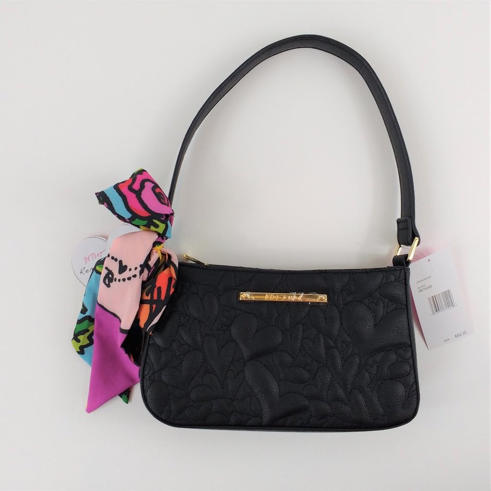 Betsey Johnson Black Quilted Hearts Crossbody with Scarf